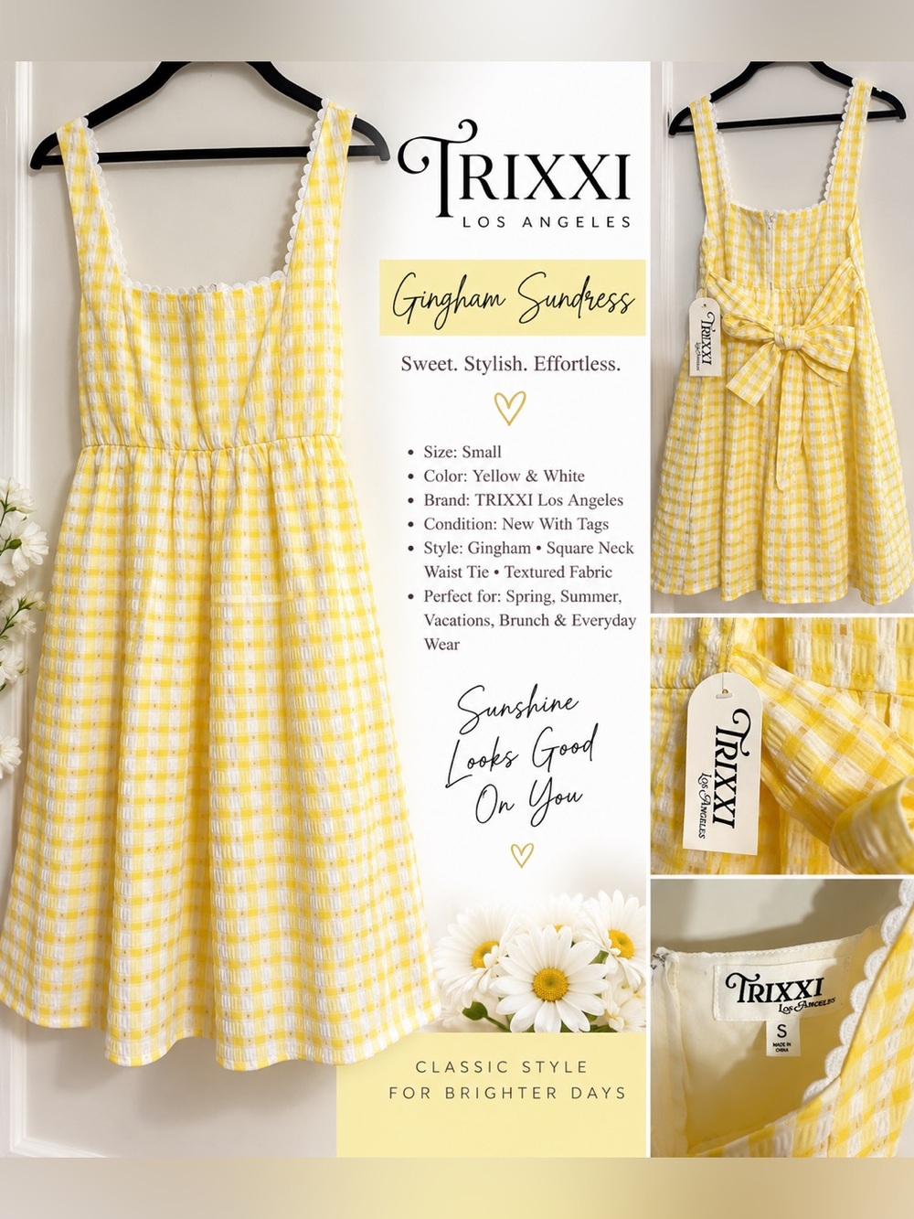 Trixxi Yellow & White Gingham Square-Neck Sundress